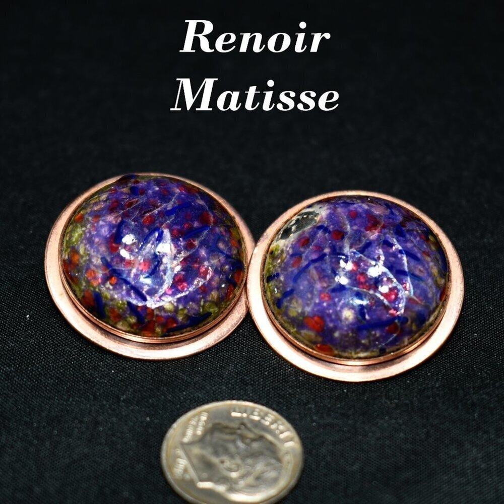 Renoir Matisse Vintage Crackle Lucite Copper Clip Earrings, Designer 1 1/4 Inch